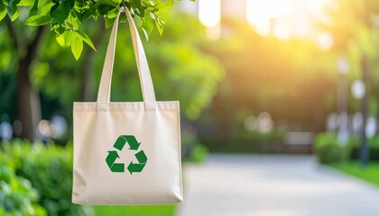 Canvas Tote Bag Hanging from Tree Branch with Recycle Symbol in Sunny Park