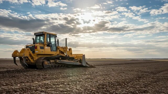 Bulldozer Working on Construction Site with Overcast Sky and Landscape Farmland