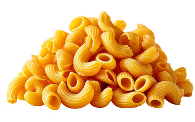 Pile of elbow macaroni sits on a white background. Illustrative for food marketing, design, blog article, restaurant menus, packaging.
