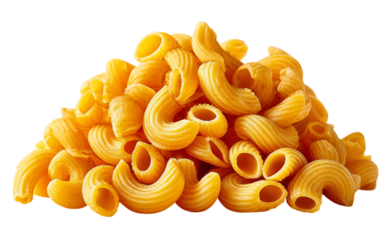 Pile of elbow macaroni sits on a white background. Illustrative for food marketing, design, blog article, restaurant menus, packaging.