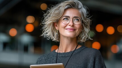 Portrait Of A Smiling Woman With Short Curly Blonde Hair And Glasses Holding A Tablet