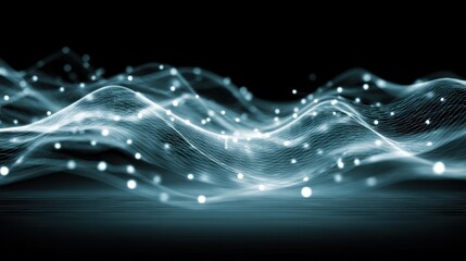Abstract design of light blue waves with glowing dots.