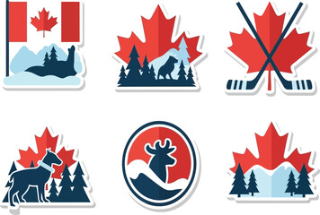 Canadian iconography stickers featuring flag, maple leaf, animals, and hockey sticks.