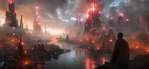 A futuristic cityscape with glowing towers and a reflective river under a dramatic sky.