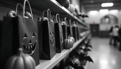 Black and white scene shows Halloween trick or treat bags filled with pumpkins, displayed on shelves in a shop