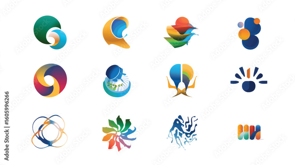 Poster a vibrant set of colorful vector logos and abstract symbols for business design