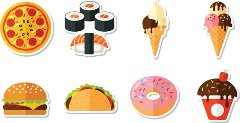 A collection of various delicious food items, presented as stickers.