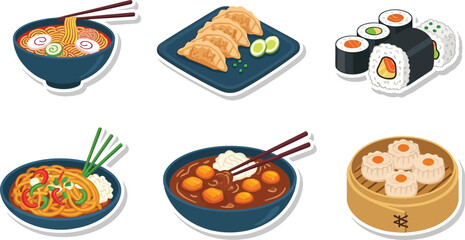 Illustrations showcase various popular and delicious Asian cuisine dishes, ready to eat.
