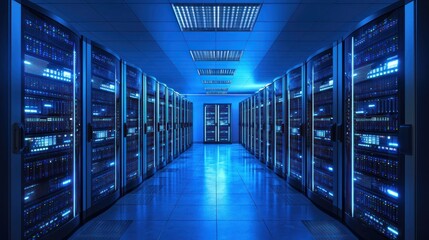 A server room with rows of servers and blue lighting.