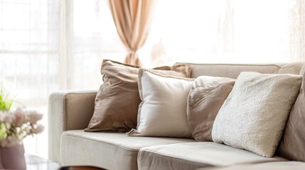 A contemporary sofa with textured neutral-toned cushions in an elegant living space.