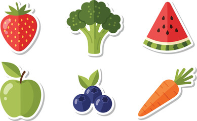 A colorful collection of fruit and vegetable icons: strawberry, broccoli, watermelon, apple, blueberries, and carrot.
