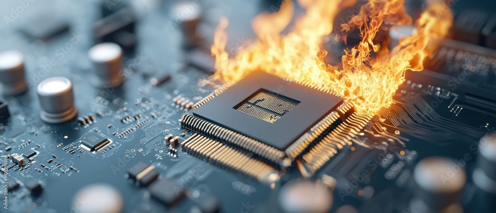 Poster close-up view of a scorching hot cpu integrated into an intricate, futuristic-looking motherboard, s