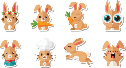 Set of eight cartoon bunnies in various poses and with different accessories, including flowers, a carrot, and a chef's hat.