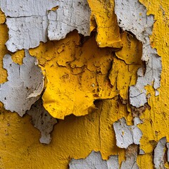 Close-up shot of yellow and white paint peeling off a wall