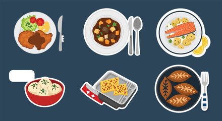 Flat lay illustration of various cooked dishes, including meats, stews, and dumplings, presented on plates.