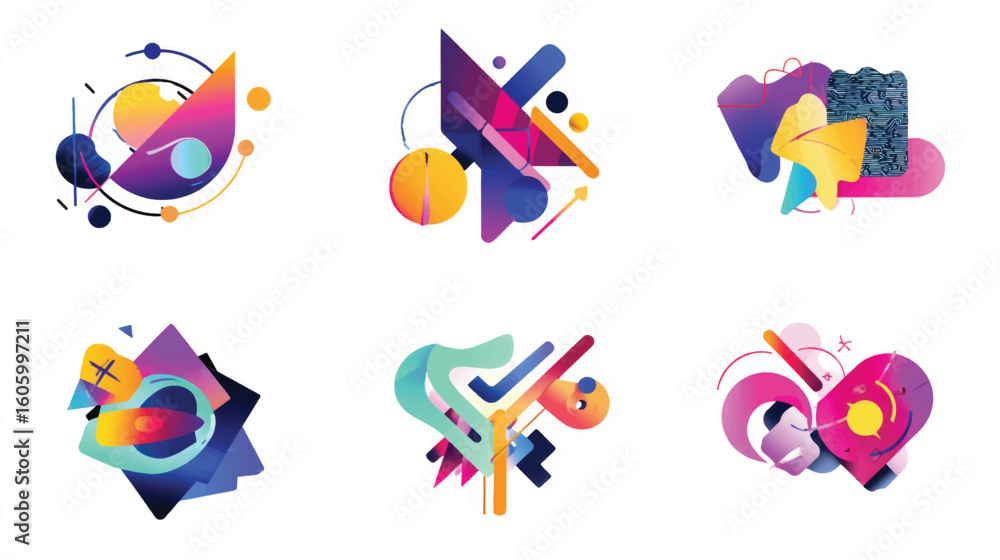 Poster vector icon set of colorful abstract shapes and flying ribbons isolated on white background