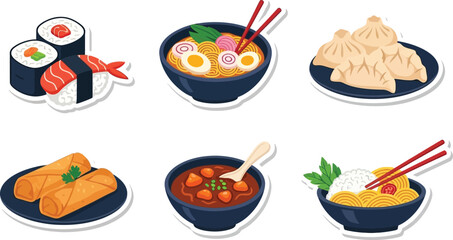 A colorful collection of Asian cuisine illustrations, showcasing sushi, ramen, dumplings, spring rolls, curry, and fried rice.