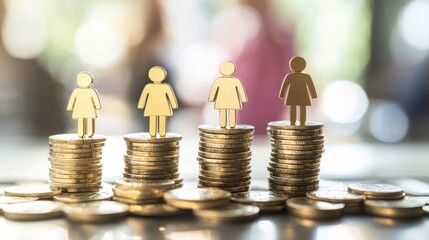 Four golden figurines of women standing on piles of coins.