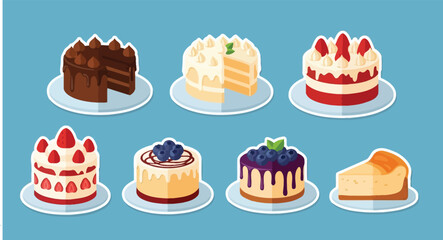 A collection of various delicious cakes, each with unique frosting and toppings, presented on plates.