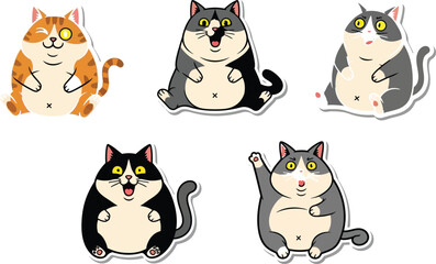 Five cartoon cats with different colors and expressions, sitting and waving on a white background.