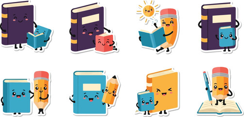 Cartoon books and pencils with faces interacting in various poses, reading, writing, and standing together.