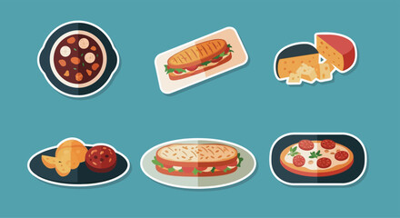 Flat vector illustration of various food items including soup, sandwich, cheese, pizza, and a side dish on a blue background.