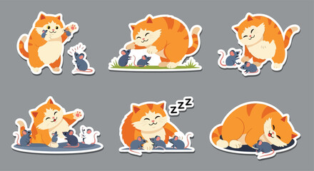 Six cartoon stickers of a chubby orange tabby cat interacting with small grey mice in various playful and sleepy poses.