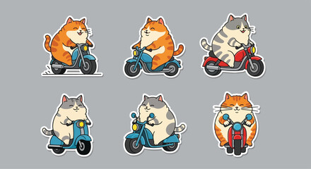 Cute cartoon cats riding various motor scooters in a set of stickers.