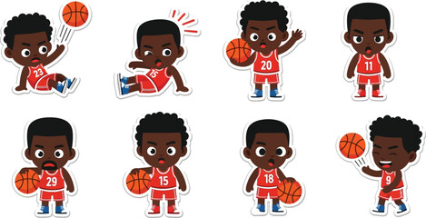Cartoon basketball player characters in various poses, displaying different emotions and actions.