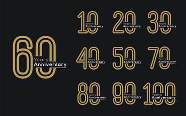 Set of anniversary logo design. Symbols of celebration 10, 20, 30, 40, 50, 60, 70, 80, 90 years.