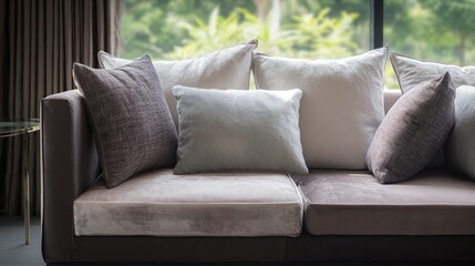 A contemporary sofa with textured neutral-toned cushions in an elegant living space.