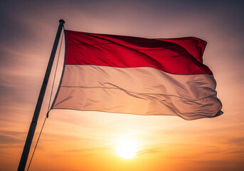 Indonesian flag illuminated by the golden sunset symbolizing patriotism and sacrifice