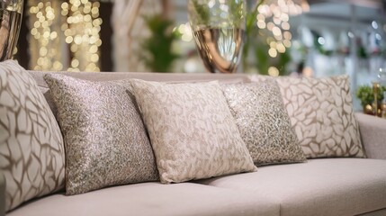 A contemporary sofa with textured neutral-toned cushions in an elegant living space.