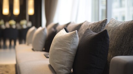 A contemporary sofa with textured neutral-toned cushions in an elegant living space.