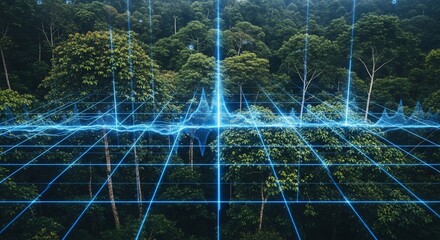 A lush green forest canopy overlaid with a glowing blue digital grid and data visualization, symbolizing environmental monitoring and technological integration.