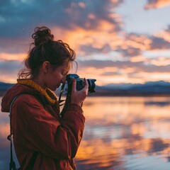 A person capturing the beauty of nature with a camera during the sunset
