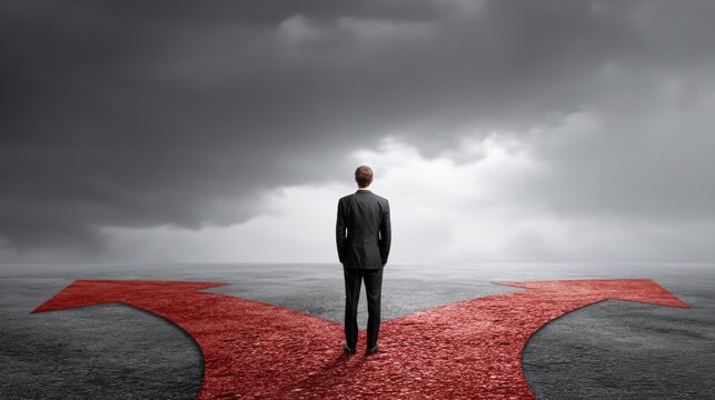 A man in a suit standing at a red crossroads with two paths leading in different directions.