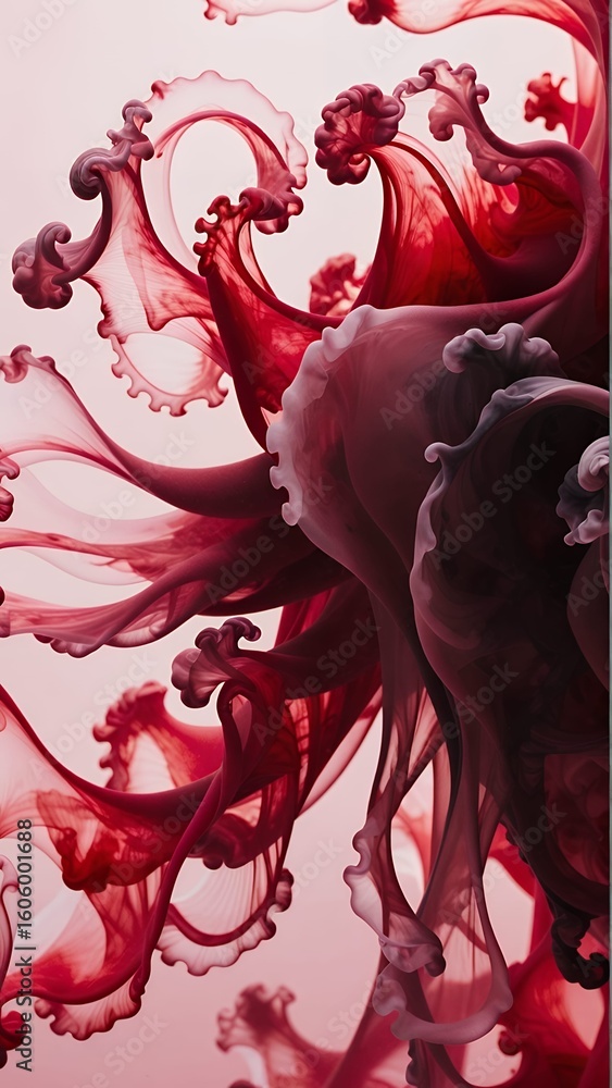 Poster abstract flow of red and pink ink creating a serene and visually appealing composition.