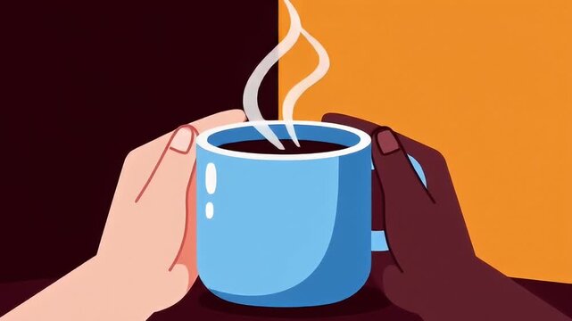 Two hands hold a steamy blue mug of dark liquid, contrast backgrounds