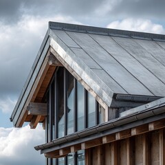 Modern architectural detail featuring a gray roof and wooden frame with a cloudy sky backdrop