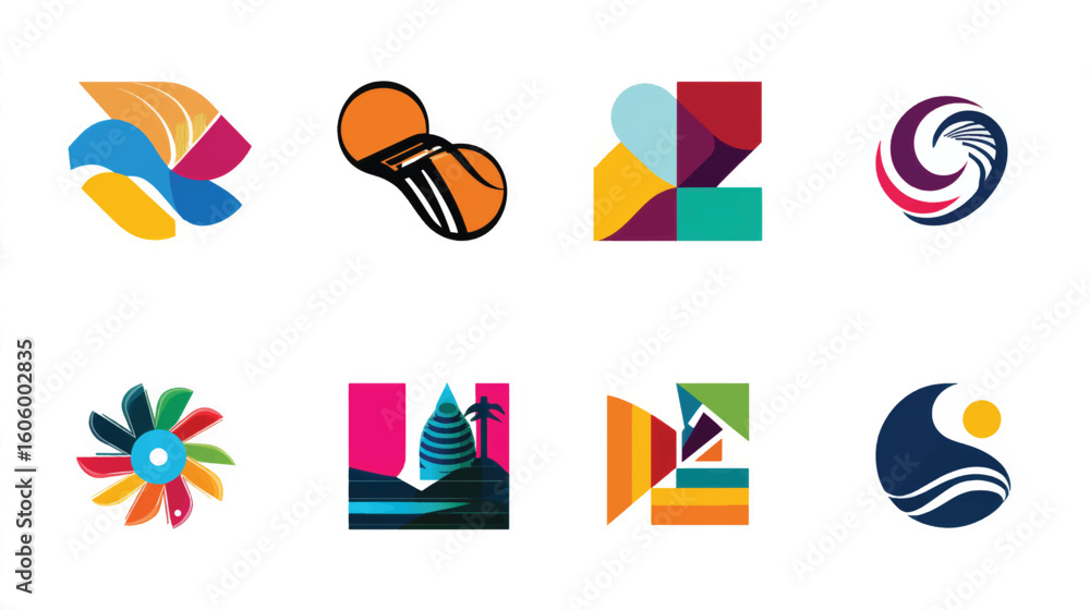 Poster vector illustration of a set of abstract geometric symbols and colorful design elements for business