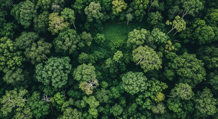 Naklejka premium Overhead view of a lush, dense forest canopy with varying shades of green foliage.