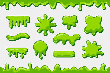 Dripping slime border set, green goo splatter collection, cartoon slime elements, vector illustration, Halloween design