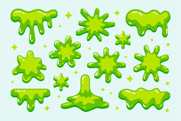Green slime splatter collection, cartoon goo border set, dripping slime elements, vector illustration, Halloween pack