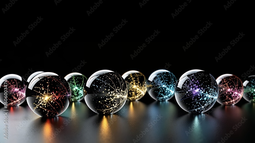 Poster a row of glass spheres containing colorful sparkling network patterns on a reflective surface.