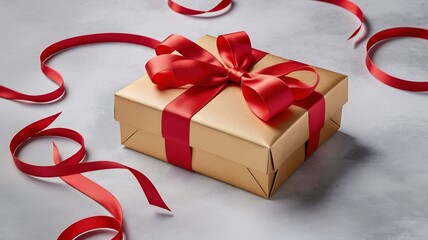 Elegant golden gift box adorned with a vibrant red satin ribbon and bow on a textured surface.