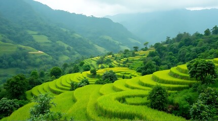 Obraz premium Lush green rice terraces cascade down a hillside in a rural landscape, with mountains and trees visible in the background under an overcast sky.