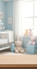Light-colored wooden table in front of a blurred nursery.