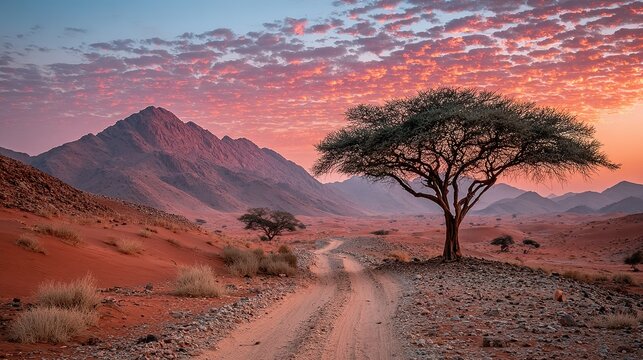 A desert landscape at sunrise with a lone acacia tree.