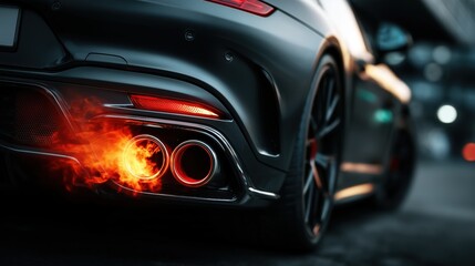 Sports Car Exhaust Flames On City Street At Night